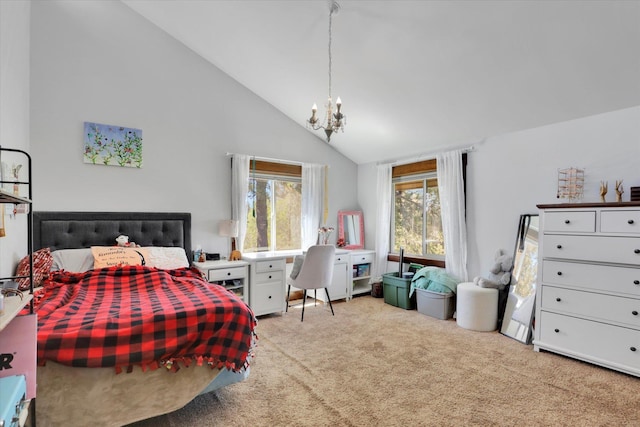 13625 S Sherman Rd, Spokane, WA 99224 - bedroom with a chandelier, carpet, and high vaulted ceiling