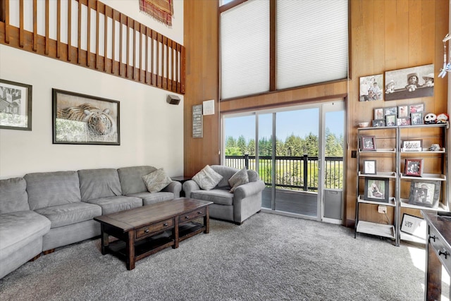13625 S Sherman Rd, Spokane, WA 99224 - carpeted living room with a towering ceiling and wooden walls