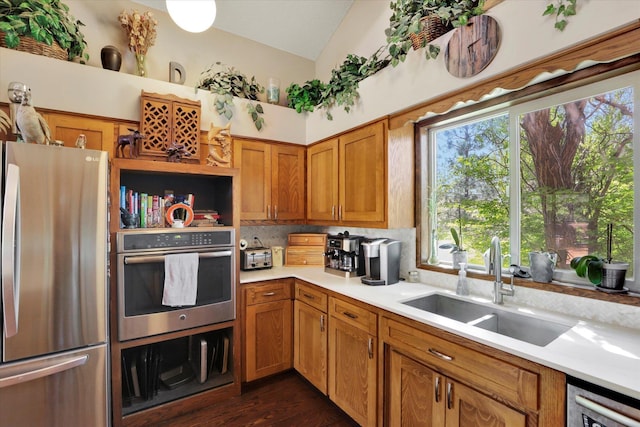 13625 S Sherman Rd, Spokane, WA 99224 - kitchen featuring appliances with stainless steel finishes, a sink, light countertops, lofted ceiling, and healthy amount of natural light
