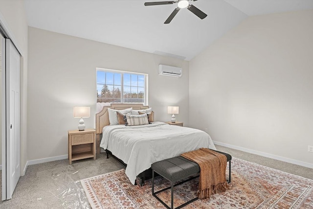 202 S Union Road Building B, Unit 102, Spokane, WA 99206 - bedroom with an AC wall unit, vaulted ceiling, baseboards, light carpet, and ceiling fan