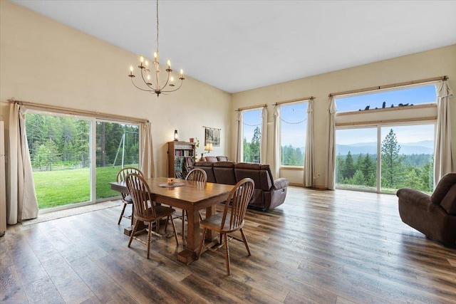 2559F United Copper Mine Rd, Chewelah, WA 99109 - dining space with a chandelier, wood finished floors, plenty of natural light, and high vaulted ceiling