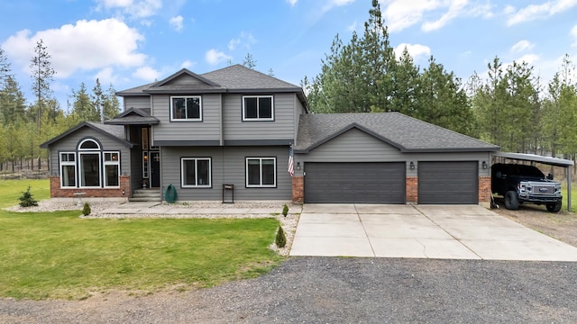 39810 N Hardesty Ln, Elk, WA 99009 - split level home featuring a front lawn, a garage, driveway, brick siding, and a shingled roof