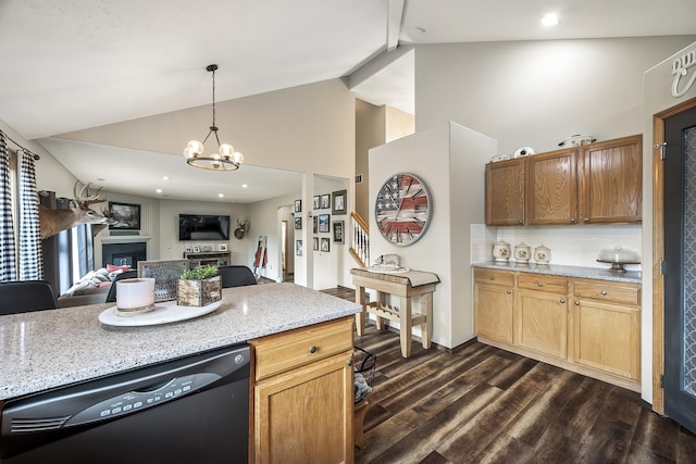 39810 N Hardesty Ln, Elk, WA 99009 - kitchen with dishwasher, open floor plan, a fireplace, dark wood finished floors, and light stone countertops