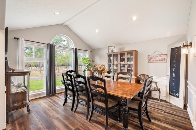 39810 N Hardesty Ln, Elk, WA 99009 - dining area with lofted ceiling, dark wood-type flooring, and wainscoting
