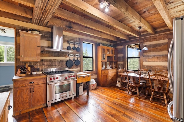 4165 S Varnum Pr, Coeur D Alene, ID 83814 - kitchen featuring appliances with stainless steel finishes, island range hood, dark wood-type flooring, wood ceiling with exposed beams, and a chandelier