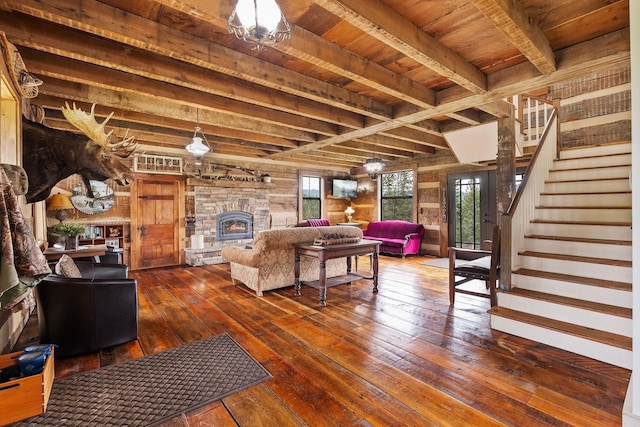 4165 S Varnum Pr, Coeur D Alene, ID 83814 - living room featuring dark wood-type flooring, wood ceiling with exposed beams, stairs, a fireplace, and wood walls