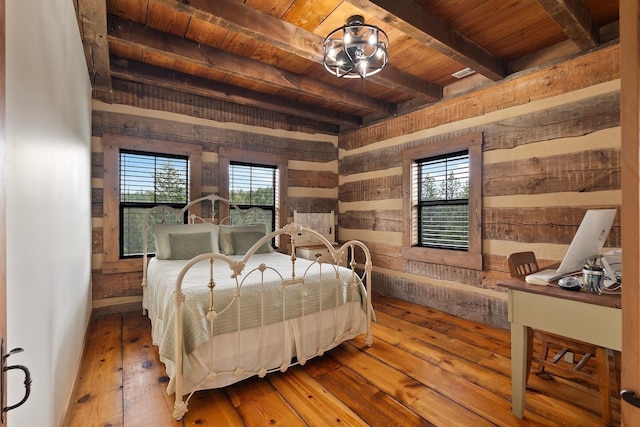 4165 S Varnum Pr, Coeur D Alene, ID 83814 - bedroom with wooden ceiling with exposed beams, wooden walls, multiple windows, and wood-type flooring