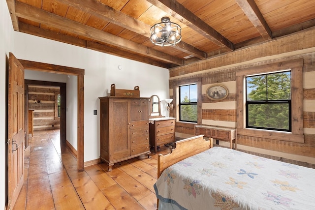 4165 S Varnum Pr, Coeur D Alene, ID 83814 - bedroom with wooden ceiling with exposed beams, light wood-style flooring, wood walls, and baseboards