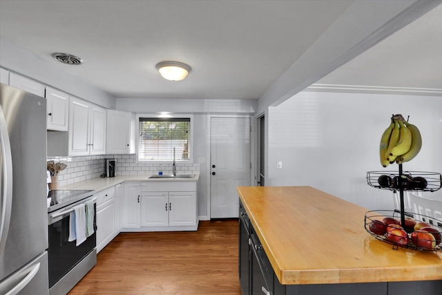 6914 N Jefferson St, Spokane, WA 99208 - kitchen with appliances with stainless steel finishes, a sink, white cabinets, and wood counters