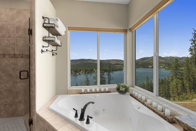 6595D Lois Way, Nine Mile Falls, WA 99026 - full bath featuring a jetted tub, a shower stall, plenty of natural light, and a water view