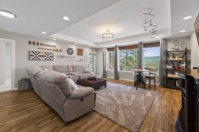 6595D Lois Way, Nine Mile Falls, WA 99026 - living area featuring a tray ceiling, wood finished floors, baseboards, and recessed lighting