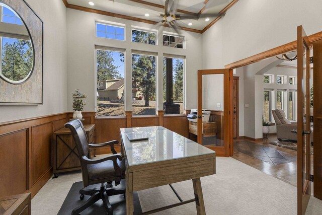 6595D Lois Way, Nine Mile Falls, WA 99026 - office space with a ceiling fan, crown molding, a towering ceiling, recessed lighting, and a wainscoted wall