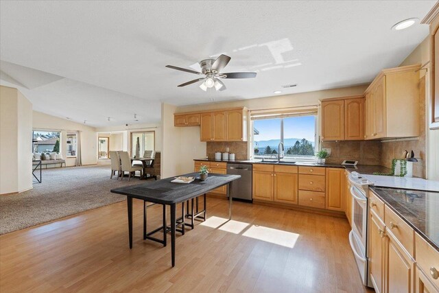 8626 E Sugar Pine Ln, Spokane, WA 99217 - kitchen featuring stainless steel dishwasher, electric range oven, a sink, dark countertops, and recessed lighting