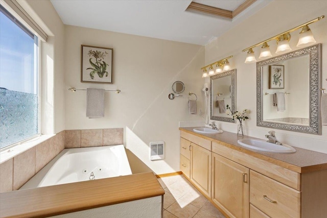 8626 E Sugar Pine Ln, Spokane, WA 99217 - full bath featuring healthy amount of natural light, double vanity, a tub with jets, and heating unit