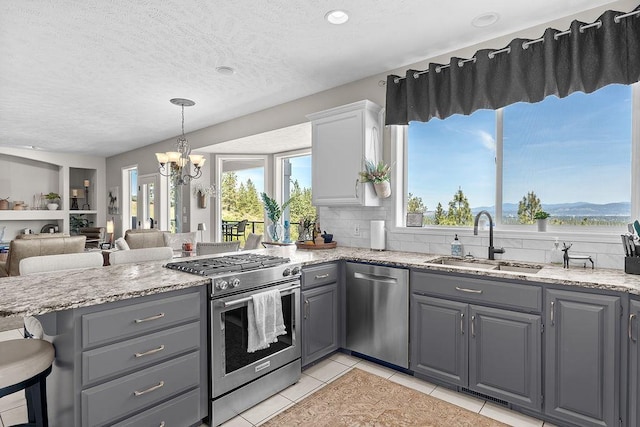 10409 E Grouse Mountain Ln, Spokane, WA 99206 - kitchen featuring stainless steel appliances, a sink, gray cabinets, a peninsula, and a chandelier