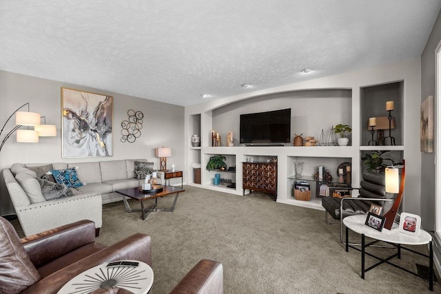 10409 E Grouse Mountain Ln, Spokane, WA 99206 - living room with built in shelves, carpet, and a textured ceiling