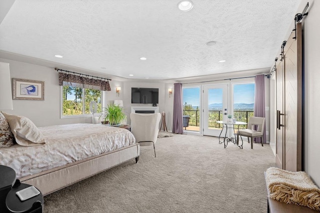10409 E Grouse Mountain Ln, Spokane, WA 99206 - bedroom featuring access to exterior, recessed lighting, a barn door, a textured ceiling, and carpet floors