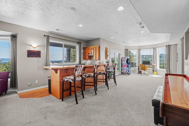 10409 E Grouse Mountain Ln, Spokane, WA 99206 - indoor bar featuring light carpet, a textured ceiling, baseboards, and recessed lighting