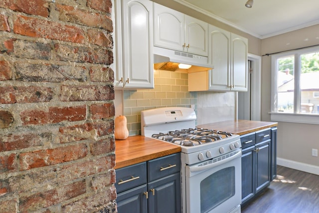 2321 W Boone Ave, Spokane, WA 99201 - kitchen with white range with gas stovetop, under cabinet range hood, blue cabinetry, baseboards, and decorative backsplash
