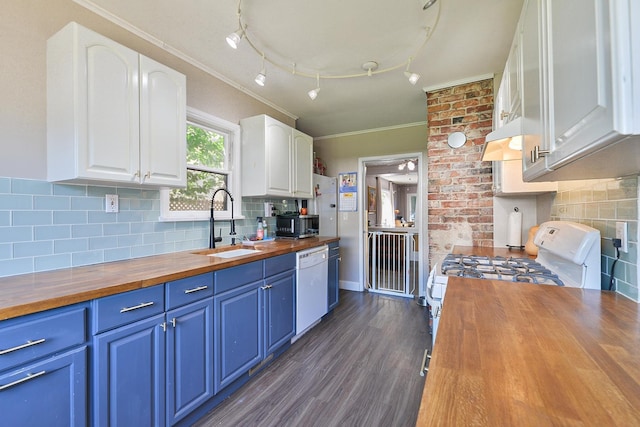 2321 W Boone Ave, Spokane, WA 99201 - kitchen with wooden counters, white appliances, a sink, blue cabinetry, and ornamental molding