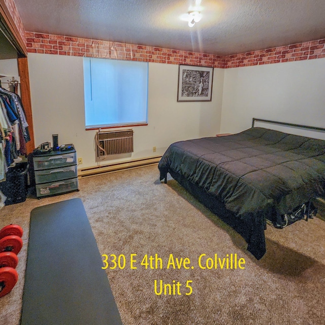 330 E 4th Ave, Colville, WA 99114 - carpeted bedroom with baseboard heating, a wall mounted AC, a textured ceiling, a walk in closet, and a closet
