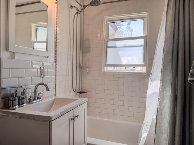 4015 N Ash St, Spokane, WA 99205 - bathroom with shower / bath combination with curtain, vanity, and tasteful backsplash