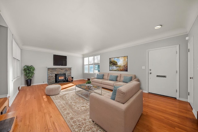 2828 S Arthur St, Spokane, WA 99203 - living room featuring wood finished floors, baseboards, a fireplace, and crown molding