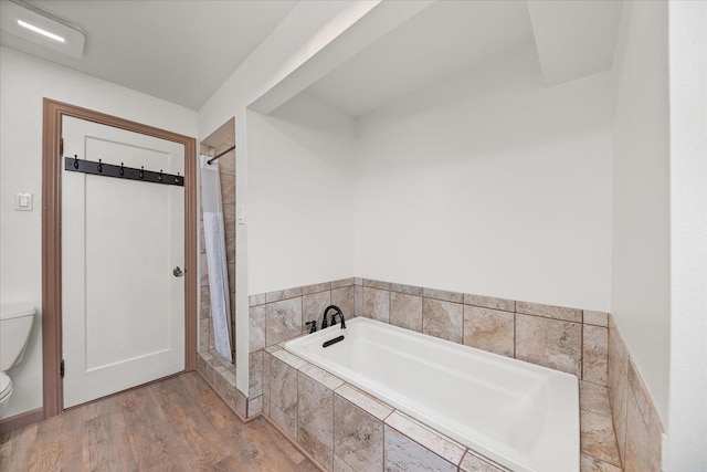 2828 S Arthur St, Spokane, WA 99203 - full bathroom with toilet, a bath, a stall shower, and wood finished floors