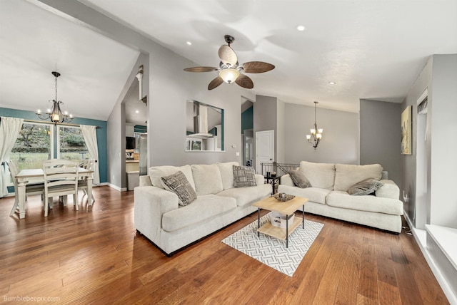 4116 W Indian Trail Rd, Spokane, WA 99208 - living room with a chandelier, vaulted ceiling, wood finished floors, a ceiling fan, and recessed lighting