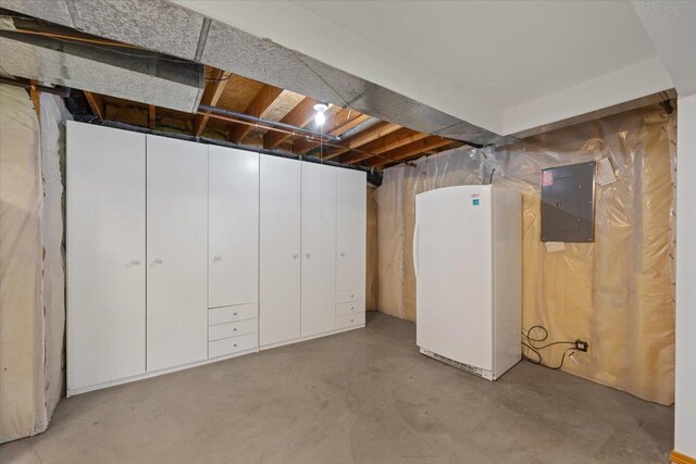 4510 E Bixel Ct, Mead, WA 99021 - unfinished basement featuring electric panel and freestanding refrigerator