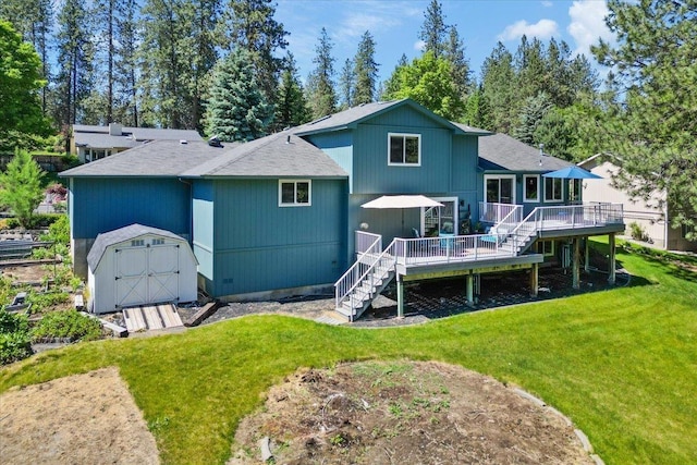 4510 E Bixel Ct, Mead, WA 99021 - rear view of property featuring stairway, a wooden deck, a yard, and a shingled roof
