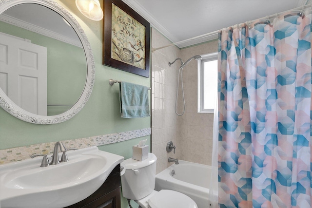 7312 E Euclid Ave, Spokane Valley, WA 99212 - full bath featuring ornamental molding, shower / tub combo with curtain, vanity, and toilet