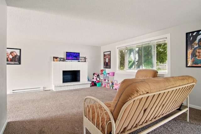 14018 E Valleyway Ave, Spokane, WA 99216 - living area featuring carpet flooring, a baseboard heating unit, a fireplace, a textured ceiling, and baseboards