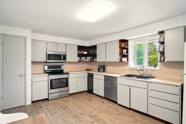 14018 E Valleyway Ave, Spokane, WA 99216 - kitchen with open shelves, stainless steel appliances, a sink, and decorative backsplash