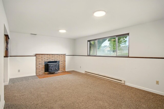 14018 E Valleyway Ave, Spokane, WA 99216 - unfurnished living room featuring a baseboard heating unit, a wood stove, carpet, and baseboards