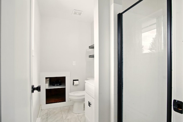 14018 E Valleyway Ave, Spokane, WA 99216 - full bath featuring toilet, a stall shower, vanity, and marble finish floors