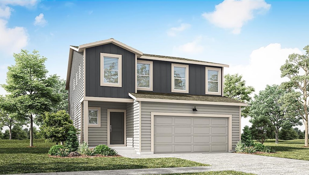 1804 E A St, Deer Park, WA 99006 - view of front of house with an attached garage, driveway, board and batten siding, and a front yard