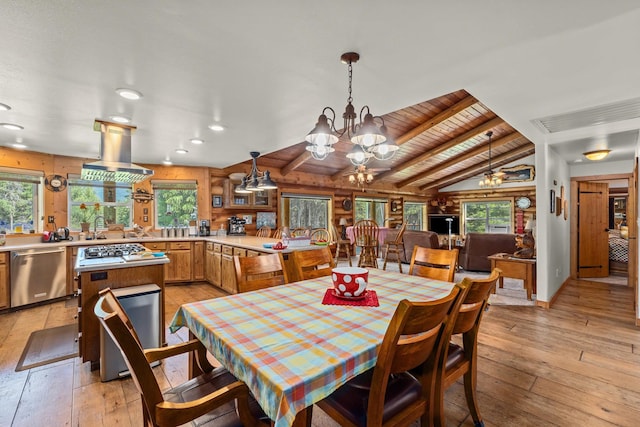 312 Pickett Rd, Ione, WA 99139 - dining room featuring plenty of natural light, a chandelier, light wood-type flooring, recessed lighting, and wooden ceiling