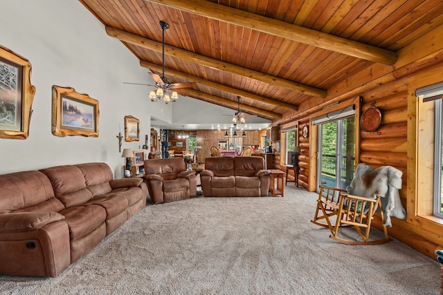 312 Pickett Rd, Ione, WA 99139 - living room with wood ceiling, rustic walls, carpet, and a ceiling fan