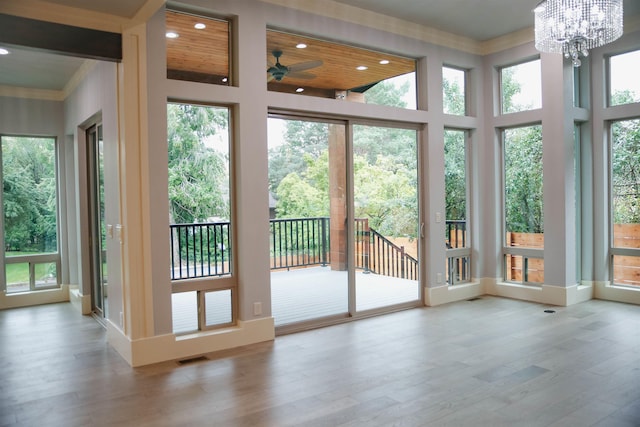 20168 E 11th Ln, Greenacres, WA 99016 - doorway to outside with ornamental molding, ceiling fan, recessed lighting, wood finished floors, and a chandelier