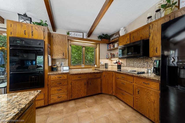 4012 S Terra Verde Dr, Veradale, WA 99037 - kitchen featuring black appliances, a textured ceiling, backsplash, brown cabinetry, and beam ceiling