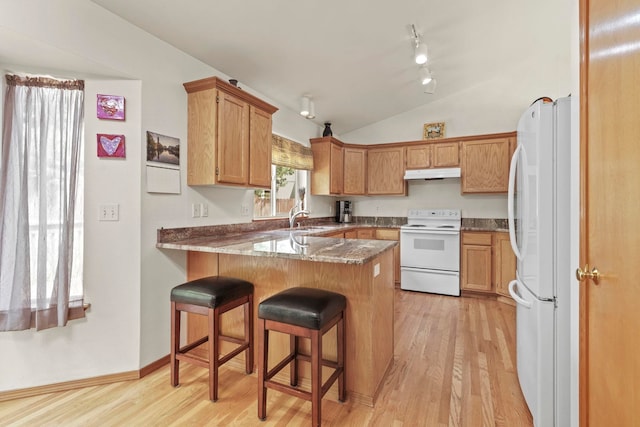 8115 E Sommerset Dr, Spokane, WA 99212 - kitchen with white appliances, under cabinet range hood, a peninsula, vaulted ceiling, and light wood-type flooring
