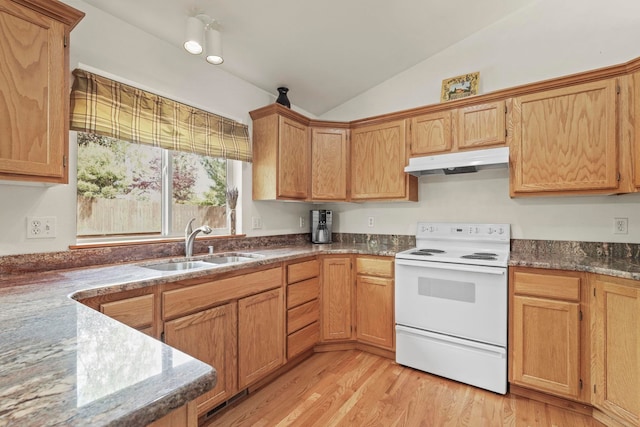 8115 E Sommerset Dr, Spokane, WA 99212 - kitchen featuring white range with electric cooktop, under cabinet range hood, a sink, vaulted ceiling, and light wood finished floors
