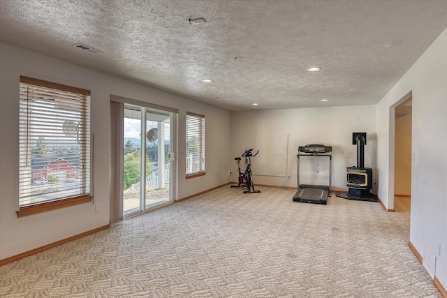 6930 N N Lynden Ln, Otis Orchards, WA 99027 - exercise room with a textured ceiling, light carpet, baseboards, a wood stove, and recessed lighting