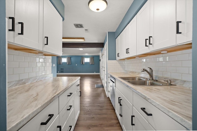 519 N Bannen Rd, Spokane Valley, WA 99216 - kitchen with a sink, dark wood finished floors, white cabinetry, light stone countertops, and backsplash