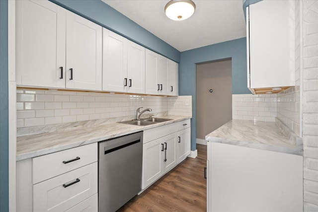 519 N Bannen Rd, Spokane Valley, WA 99216 - kitchen with dishwasher, a sink, dark wood-style flooring, light countertops, and white cabinets