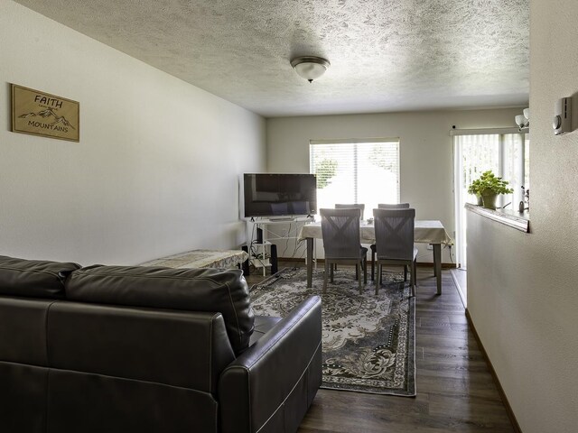 9705 E 4th Ave Unit 9707, Spokane Valley, WA 99206 - living area with healthy amount of natural light, dark wood finished floors, a textured ceiling, and baseboards