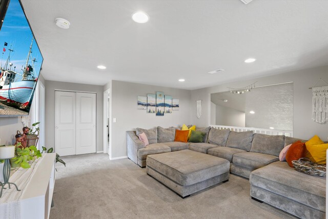 13616 W Pine Bluff Rd, Nine Mile Falls, WA 99026 - living area featuring light carpet, recessed lighting, and baseboards