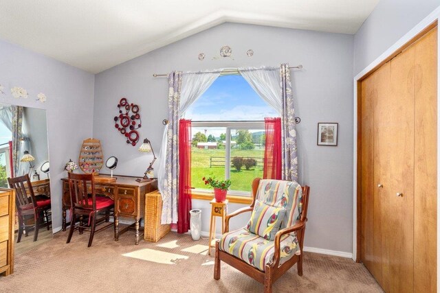 23823 E Garland Ave, Otis Orchards, WA 99027 - living area with vaulted ceiling, light carpet, and baseboards