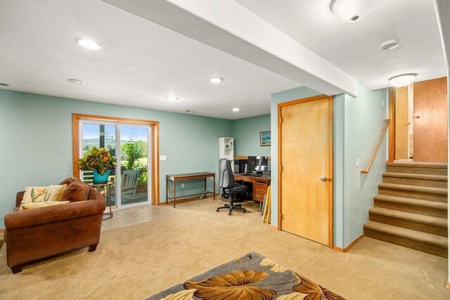 23823 E Garland Ave, Otis Orchards, WA 99027 - home office with light carpet, baseboards, and recessed lighting
